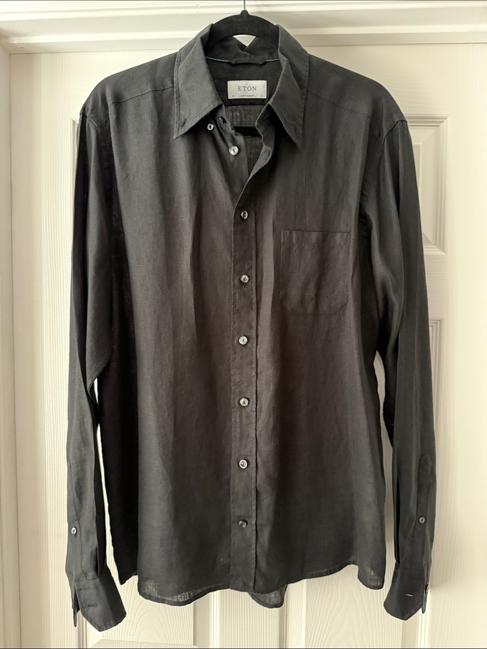 Eton Contemporary Men's Black Long-Sleeve Linen Button-Down Shirt Large 41